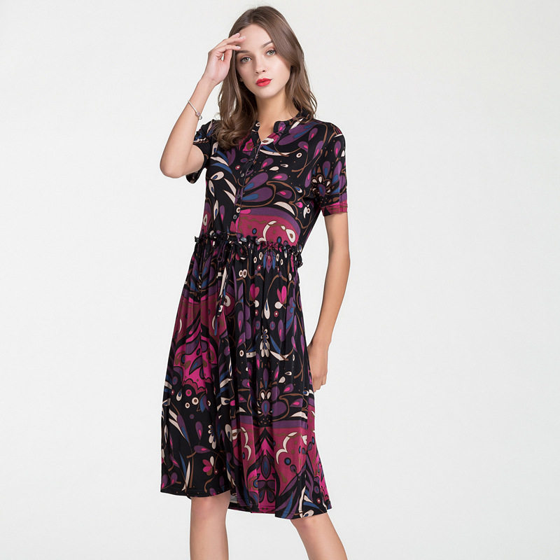 Plus Size Silk Dress High Waist V Neck Short Sleeve Floral Print Summer Elegance Wholesale Available