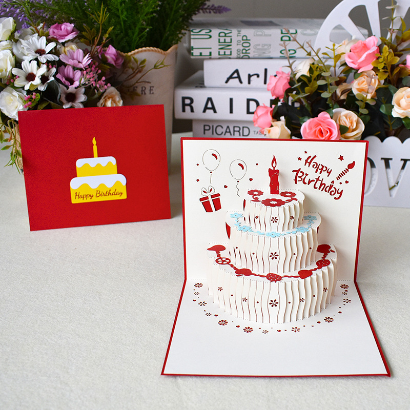 新款生日蛋糕卡片3D立体贺卡批发纸雕企业员工客户加祝福语LOGO