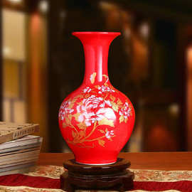 景德镇陶瓷 中国红招财红花瓶 红牡丹花瓶  桌面小花瓶