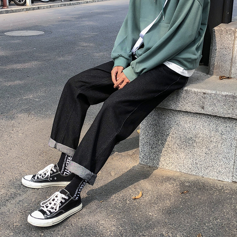 [En stock] primavera y otoño nueva marca de moda ulzzang juventud pantalones vaqueros rectos sueltos casual todo partido pierna ancha