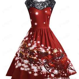 2022亚马逊速卖通现货圣诞蕾丝印花连衣裙