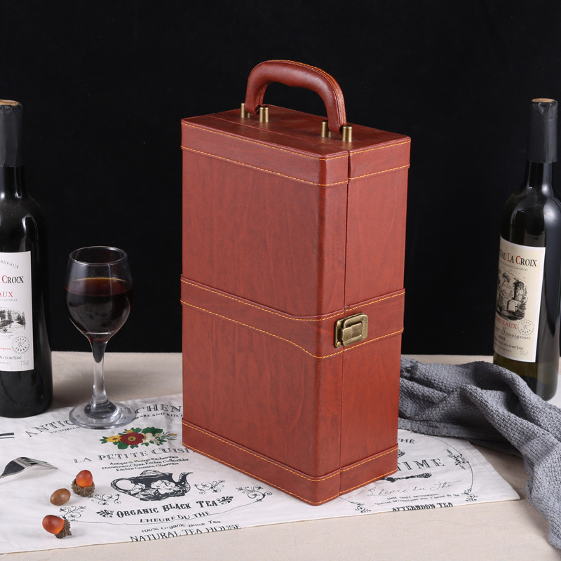 現貨批發雙支紅葡萄酒盒棕色翻蓋手提式酒水包裝皮盒定做可印LOGO