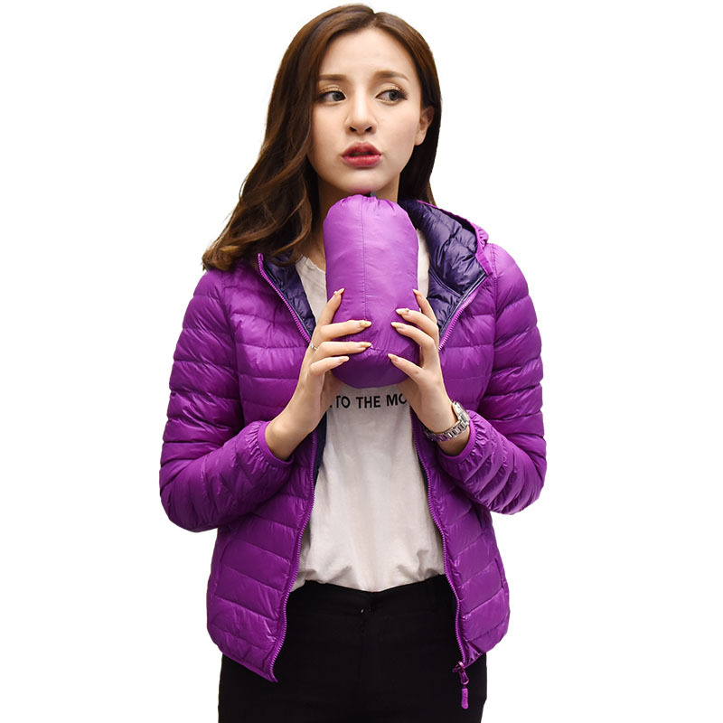 2020 new light and thin double-sided down jacket women's short hooded slim fit Jacket Large autumn and winter student jacket fashion