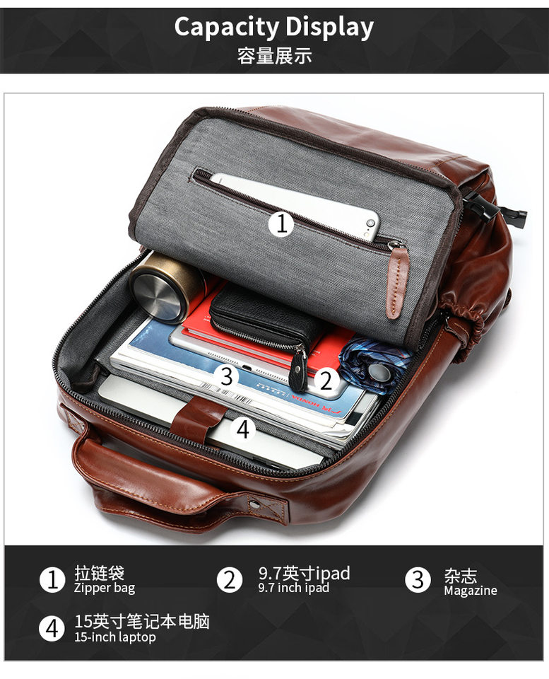 Ba lô da nam da bò thật dung tích lớn 15 inch đựng laptop, ba lô du lịch leo núi ngoài trời chống mài mòn thoáng khí — Cà phê, Màu đen chi tiết 16