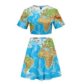 2019新款潮流WORLD MAP 3D彩印 女款性感露脐短袖+短裙套装