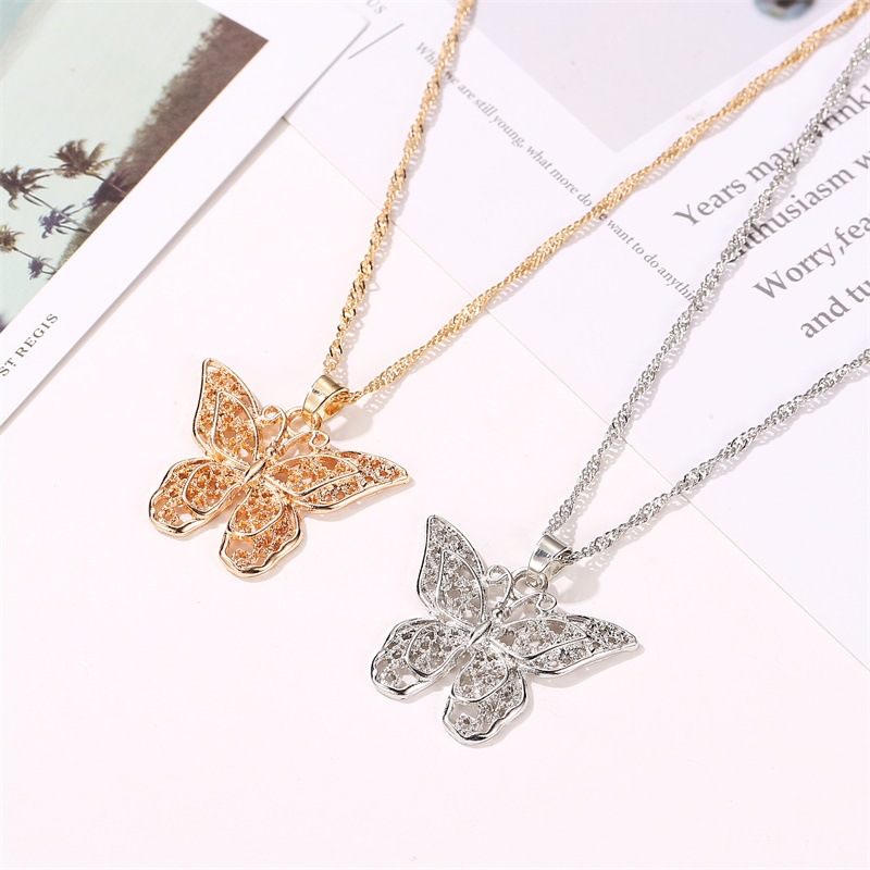 Fashion Hollow Double-layer Metal Butterfly Pendant Necklace Sweater Chain Big Butterfly Necklace display picture 2