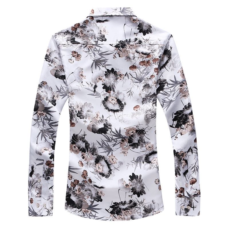 Autumn New Large Size Men's Printed Long-sleeved Shirt Men's Slim-fit British Style Point Collar Long-sleeved Shirt