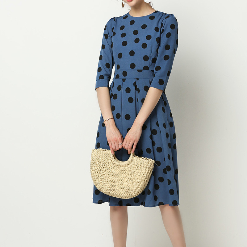 Polka Dot Print Round Neck Long Sleeve Chiffon Dress NSGE37811