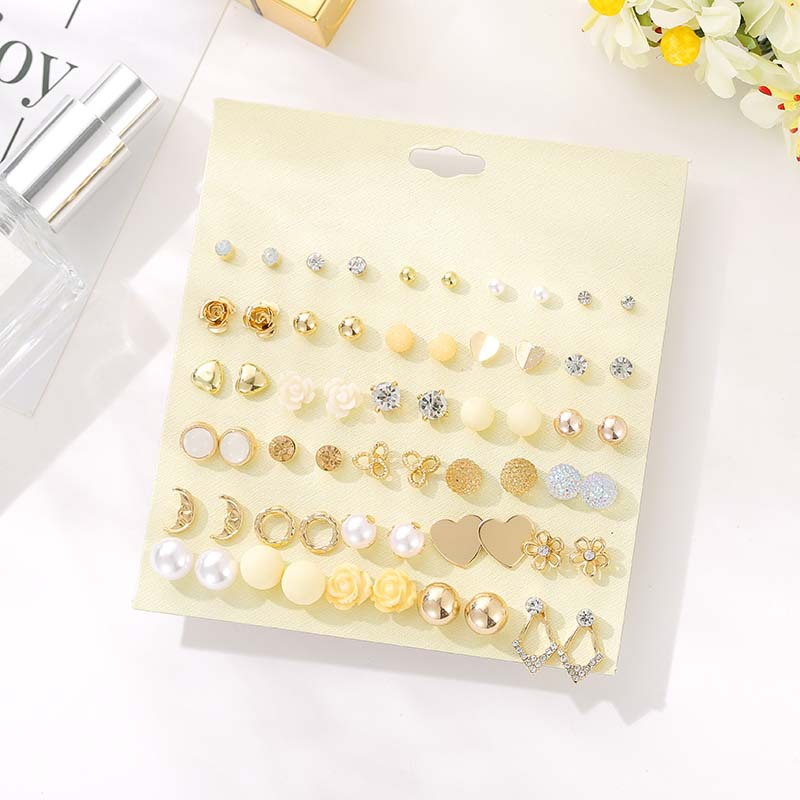 Vintage Studded Rhinestone Flower Pearl Earrings 30 Pairs Of Gold Earrings display picture 2