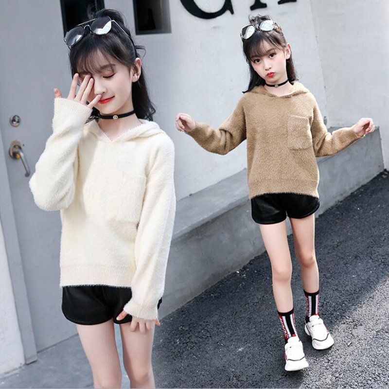 新款童装仿貂毛女童毛衣有帽款韩版长袖针织外套厂家贴牌定做|ms