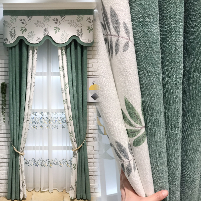美式韩式田园风格雪尼尔印花撞色拼接窗帘现代公寓客厅卧室落地窗|ms
