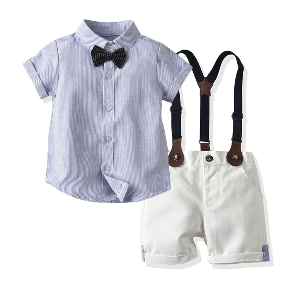 Cross-Border Summer Cotton Boys' Bow Retro Suspender Shorts Short-Sleeved Shirt Four-Piece European and American Children's Suit
