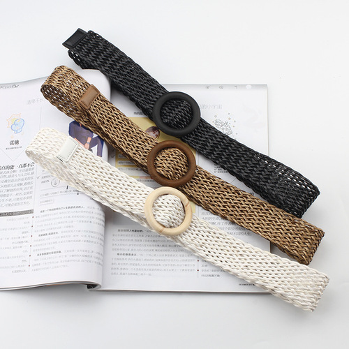 New Korean style cotton and linen woven belt for women round wooden buckle dress gown decorative belt