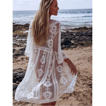 夏季欧美外贸蕾丝开衫中长款防晒衣女刺绣镂空七分袖海边沙滩衣