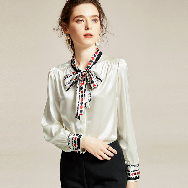 Fashionable and elegant shirt European and American bow Neck Long Sleeve Silk Satin top for women