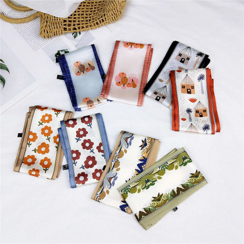 New floral double-sided square-angle long scarf and silk scarf for women Korean style spring and autumn versatile wrist strap streamer headband fashionable