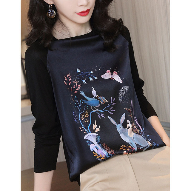 Long Sleeve Woman New Printed Stitching Knitted T-shirt