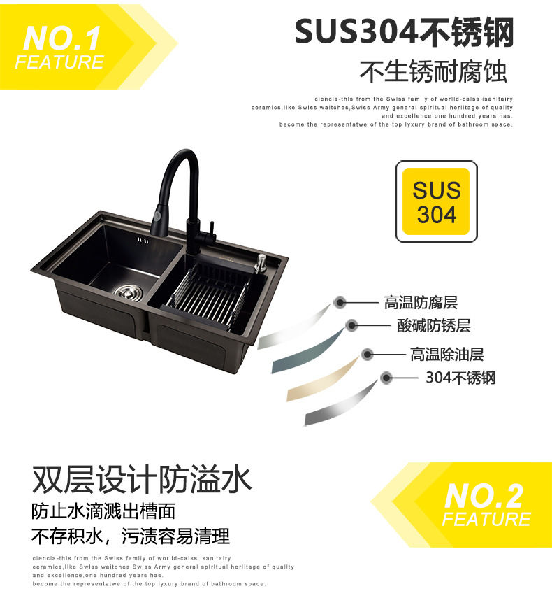 304不锈钢洗菜盆洗碗池挡水水槽厨房水槽套餐黑色碗盆双槽手工槽 阿里巴巴