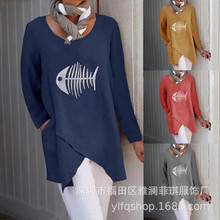 2019亚马逊wish新款欧美大码不规则女装宽松型鱼骨头印花长袖T恤