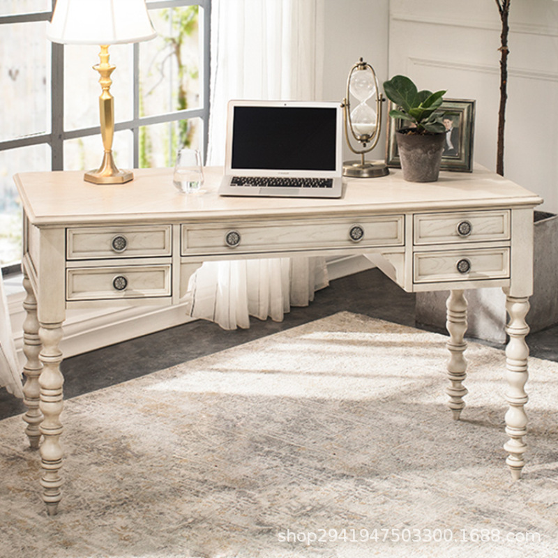 American Style Solid Wood Desk Custom Furniture Study White Duplex Roman Column Writing Desk Study Desk Storage Computer Desk