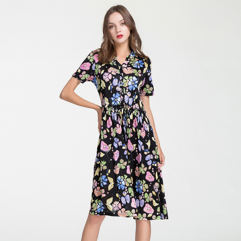 Plus Size Silk Dress High Waist V Neck Short Sleeve Floral Print Summer Elegance Wholesale Available