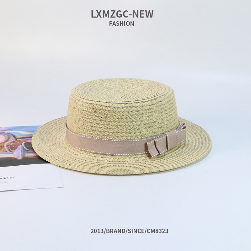 105g Weight Housewarming, Anniversary, Business, Wedding, Birthday, Festival Occasion Unisex Gender Basic Style Khaki, Coffee, White, Pink Color Summer Casual Sunscreen Flat Bow Woven Parent-child Straw Hat 3