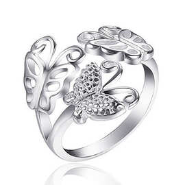 高端大气蝶恋花戒指 白铜镀银时尚新款饰品开口戒