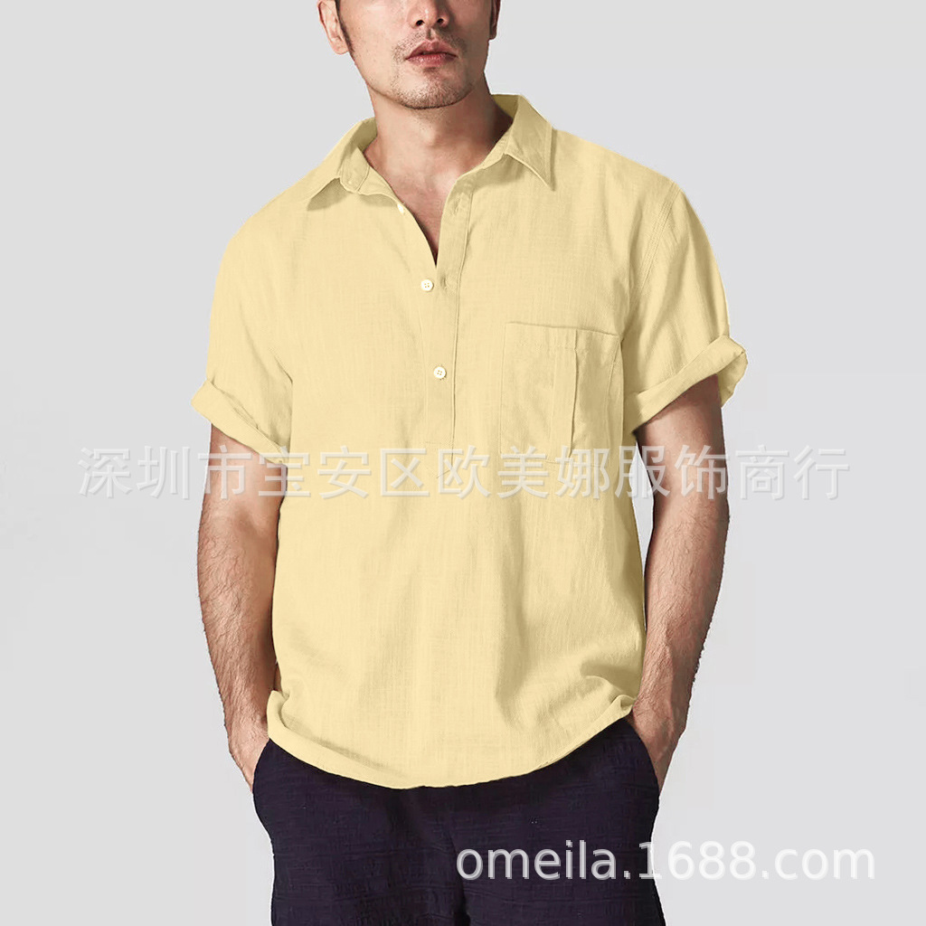 2019 Amazon Explosive money Spring Europe and America Thin section shirt Collage Cotton and hemp Socket Short sleeved Lapel