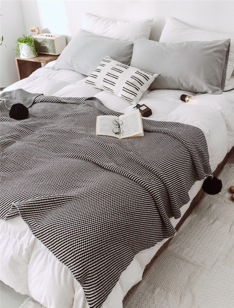 Lehká luxusní severská jednoduchá celobavlněná černá keprová deka do hotelové ložnice, vlněná deka, povlečení_voghion.com