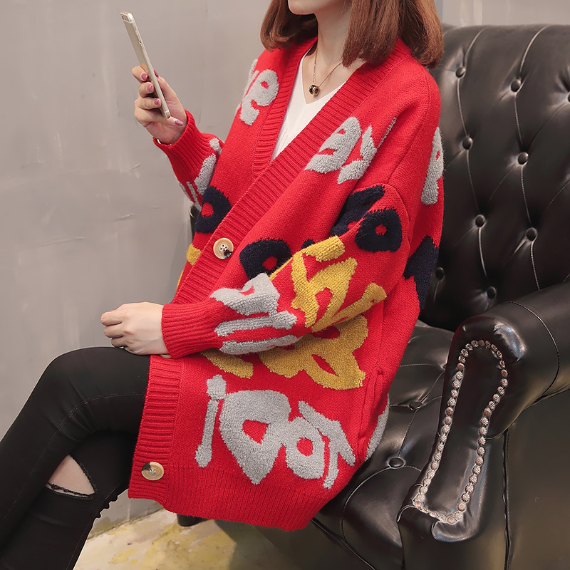 Cárdigan de punto informal con estampado de letras y manga larga 2025, estilo coreano, holgado, para embarazadas, otoño, nuevo suéter con bloques de color, chaqueta para mujer image 7