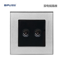 BIPU壁譜鋼化玻璃雙電視插座兩位TV閉路插座 86型鏡面水晶黑色