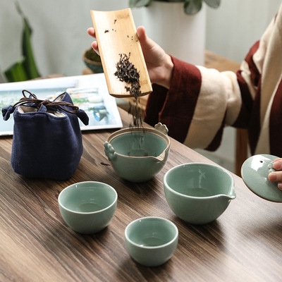 汝窑陶瓷功夫茶具一壶二杯黑陶快客杯便携旅行茶具套装定制logo