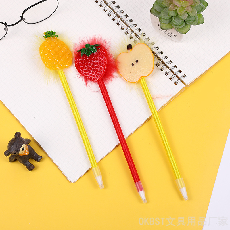 Peluche lindo bolígrafo decorativo creativo dibujos animados fresa piña melocotón bolígrafo soporte muestra configuración