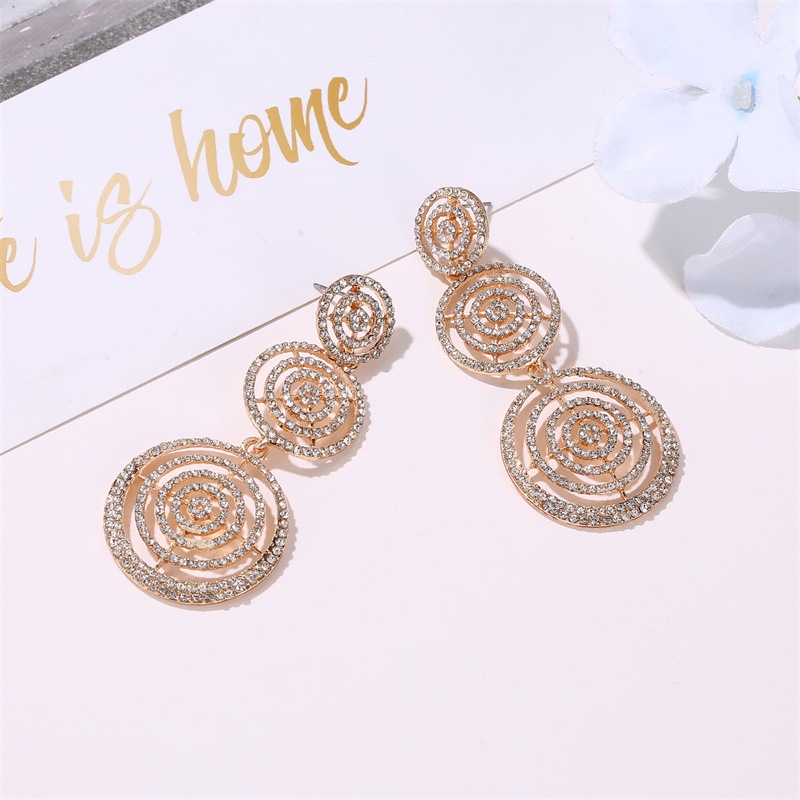 Wholesale New Earrings Exaggerated Full Diamond Multilayer Circle Earrings Female Long Round Hollow Earrings display picture 4