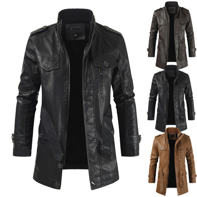 2019秋季立领中长款修身皮衣外套男士休闲纯色立领拉链大衣外套