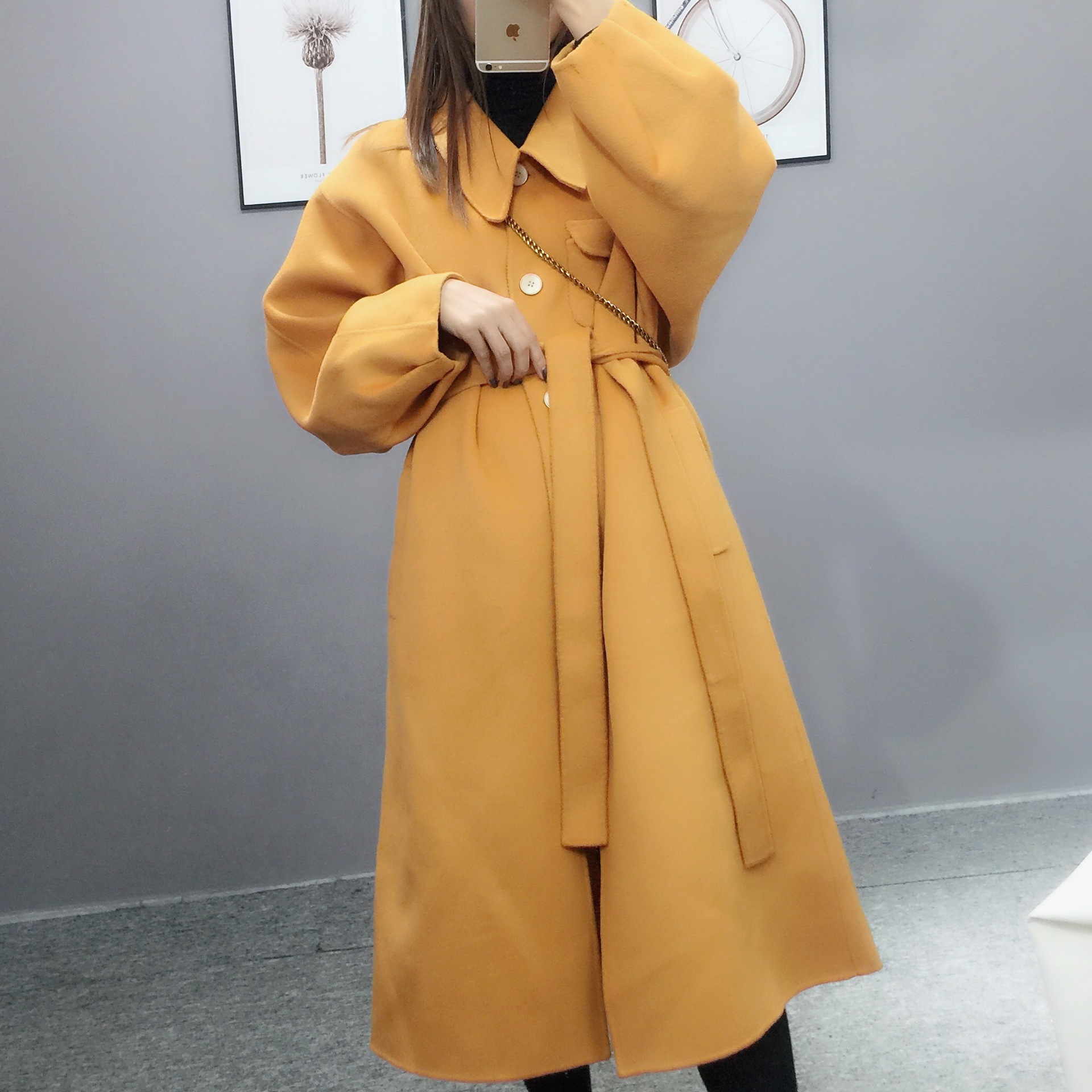 紅嘎嘎   breezee羊絨大衣 倒風衣領型長款系帶秋冬毛呢外套女