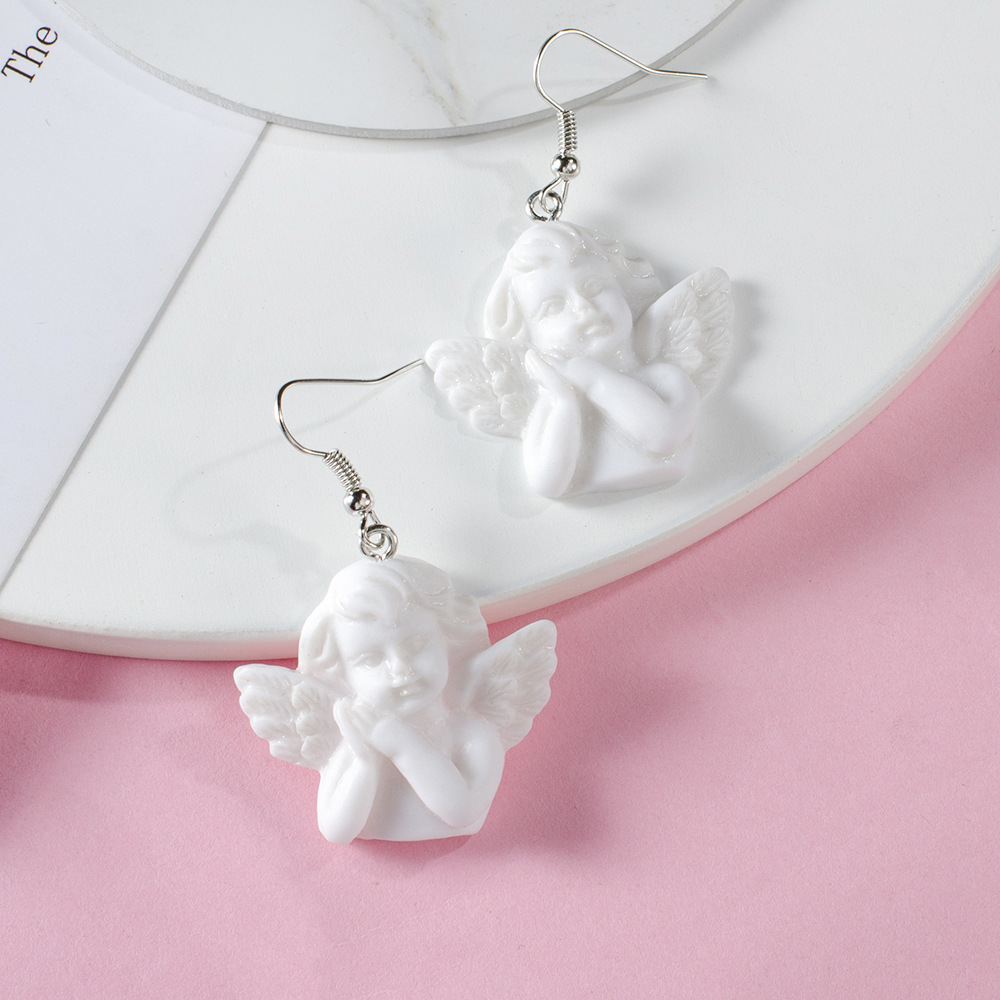 Baroque Pure White Little Angel Earrings Vintage Cupid Embossed Portrait Personality Earrings display picture 7