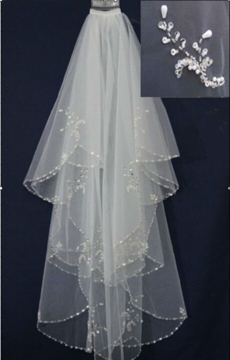 thumbnail image 1 of Velo de novia accesorios de vestido de novia dos capas de exquisito velo de novia con forma de gancho con cuentas a mano 80cm, 1 of 2
