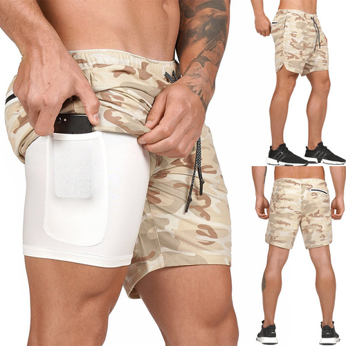 Cross-border hot selling men's sports double-layer shorts fitness training outdoor mountain climbing quick-drying tight basketball jogging pants