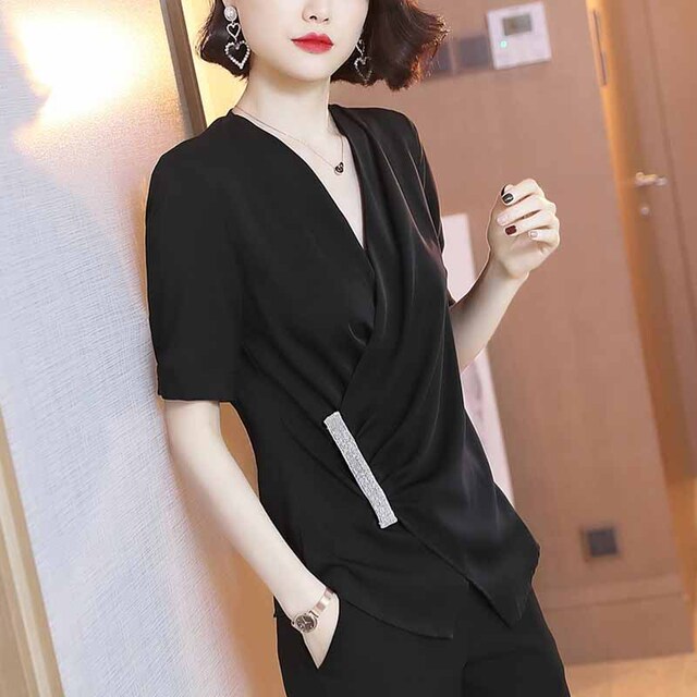 new slim waist V-collar short-sleeved chiffon shirt fashionable 