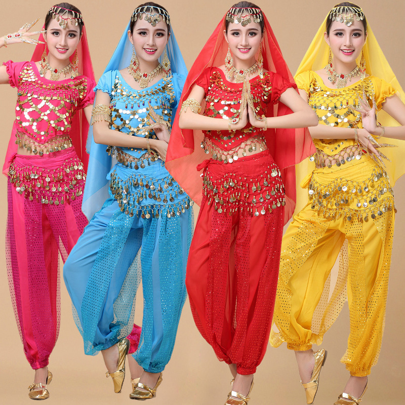 印度舞蹈表演服特价 新款肚皮舞演出高档练习亮点裤短袖成人套装