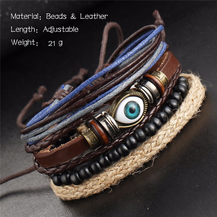 Multi-layer Adjustable Leather Beaded Bracelet For Men Retro Style_voghion.com