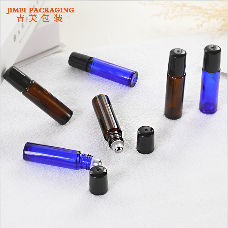 10ml botella de bola de rodillo botella de aceite esencial de vidrio bola de acero inoxidable botella de aceite esencial marrón azul botella de fondo grueso de pared gruesa en stock
