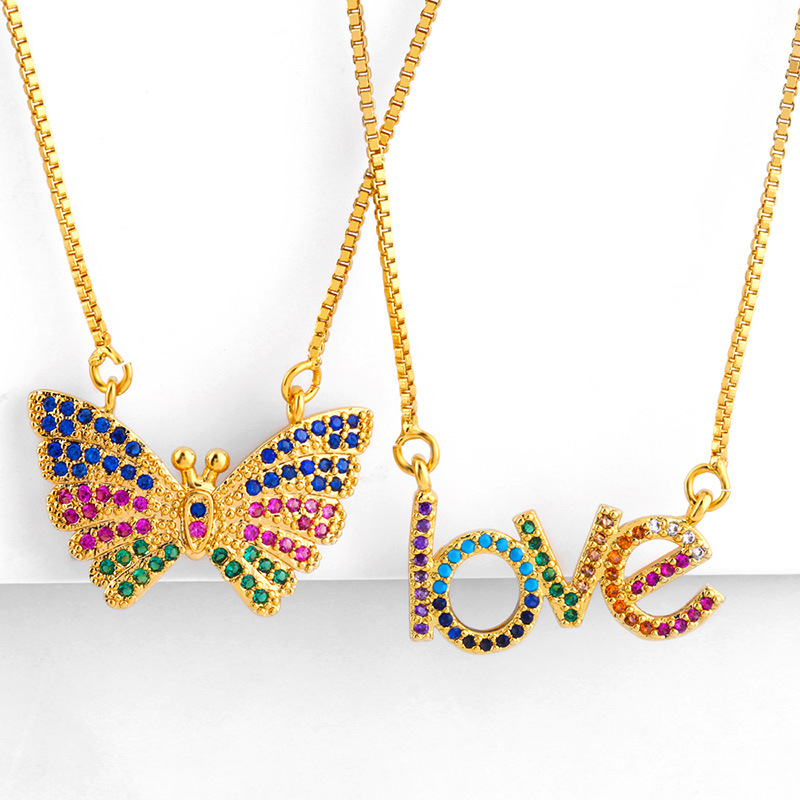 Ins Populaire Nouvelle Lettre D'amour Collier Internet Celebrity Même Style Coréen Papillon Incrusté Couleur Diamant Pendentif Clavicule Chaîne Nkp79 display picture 1