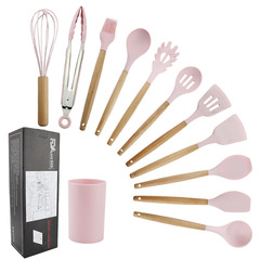 Amazon Pink Wood-Handle Silicone Kitchen Set 11-Piece 9-Piece Kitchen Utensil Spatula Spoon Non-Stick Pan Set