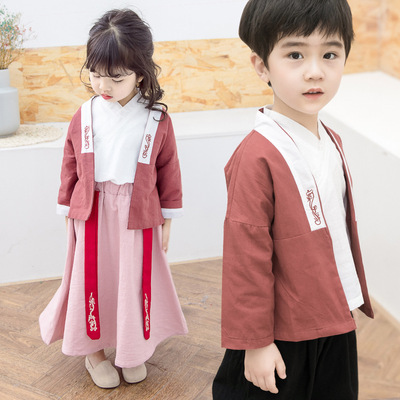 童装汉服三件套男童复古中国风棉麻套装女童唐装襦裙国学服表演服|ru