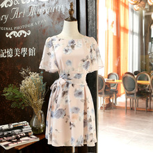 现货  夏装新款唯美水墨印花蓝色妖姬荷叶袖系带蝴蝶结连衣裙