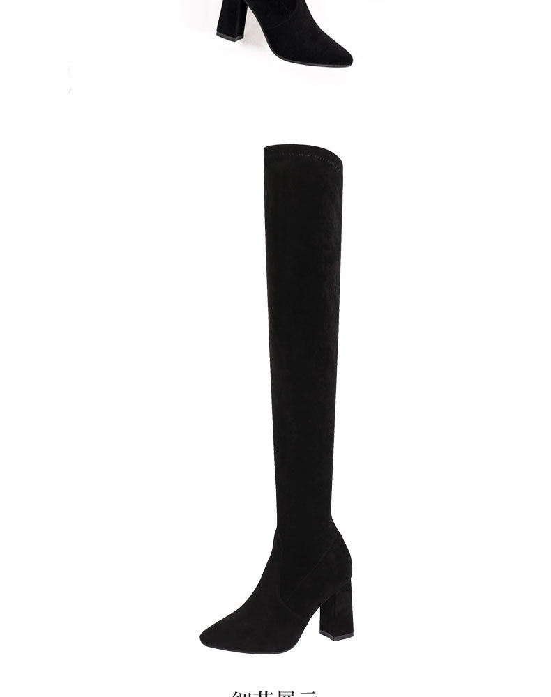 Bottes à talons hauts au-dessus du genou Bottes en daim à élastiques épais et bottes en polaire à bout pointu et élastiques_voghion.com