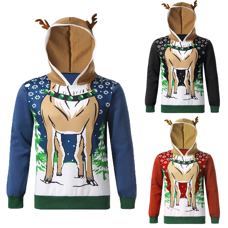 Sudadera con capucha navideña hombre estampado ciervo color block_voghion.com