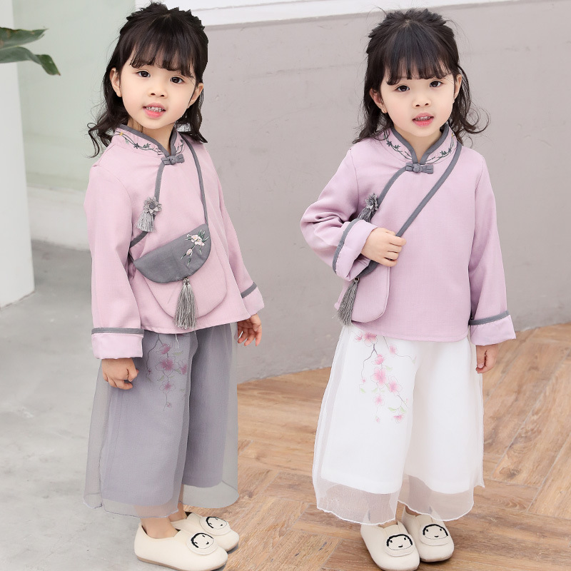 girl Spring Hanfu suit 2019 new pattern Ethnic style Jacobs Wide leg pants Cotton and hemp Retro Two piece set Bag